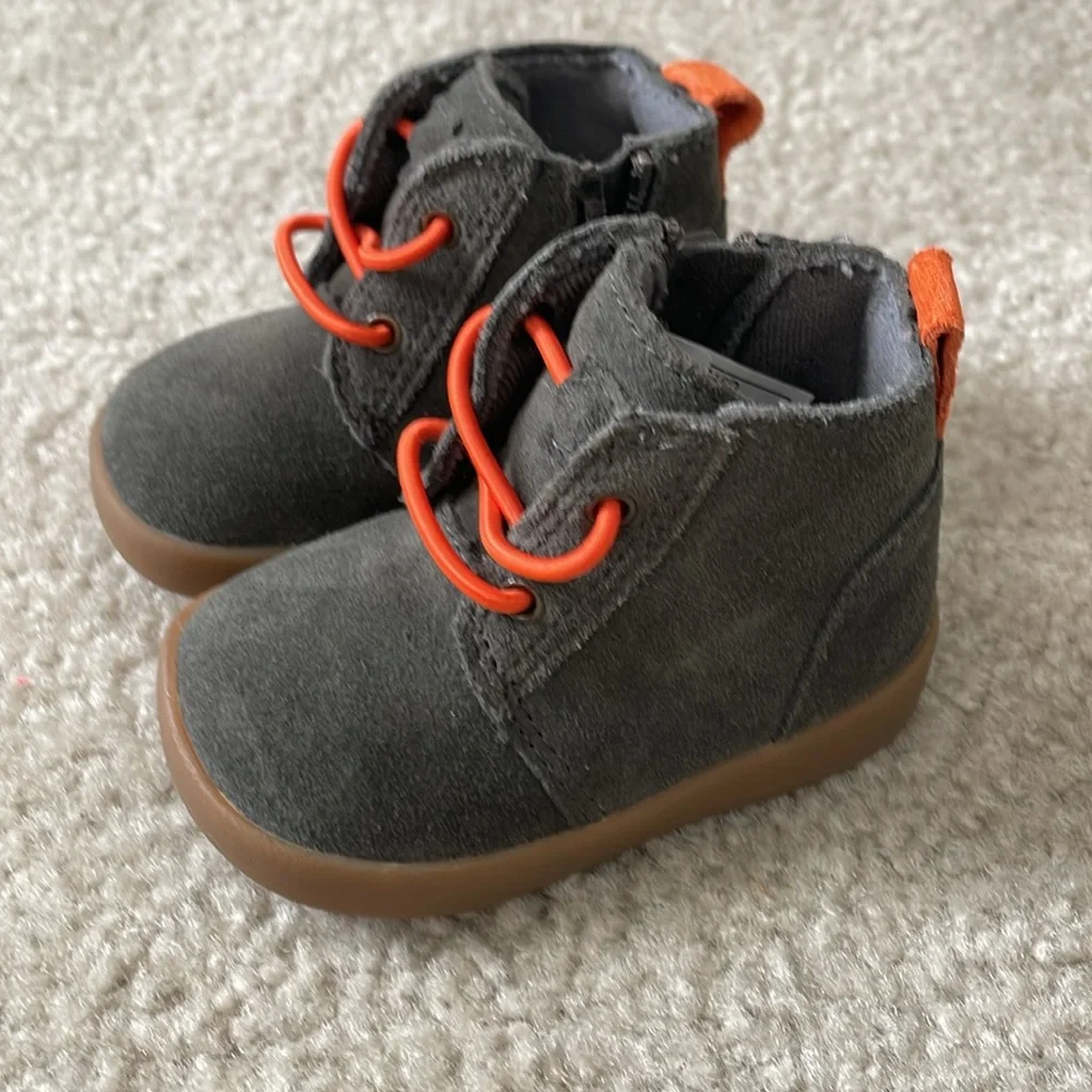 UGG Kids Dark Gray Suede Boots with Orange Accents